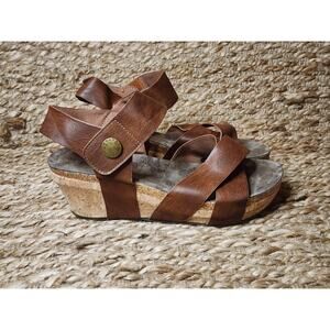 Pierre Dumas Sandals Women's Size 6 Brown Ankle Strap Cork Wedge Shoes